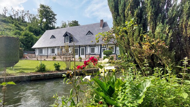 A traditional house with a sloped roof, a small pond, and lush greenery. - 3 bedroom nice home in Vittefleur (Vittefleur)