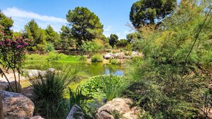 Un jardín tranquilo con un estanque, rodeado de abundante vegetación y árboles.