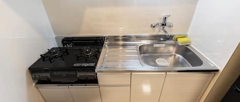 Una cocina compacta con estufa a gas, pileta de acero inoxidable y alacenas de madera.