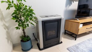Une pièce avec un climatiseur fixé au mur, une plante en pot, un meuble en bois et un tapis de couleur claire.