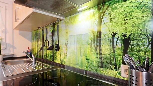 Eine Küche mit modernem Design, ausgestattet mit einer Edelstahlspüle, einem Glaskochfeld und einer Wand mit Wald-Mural.
