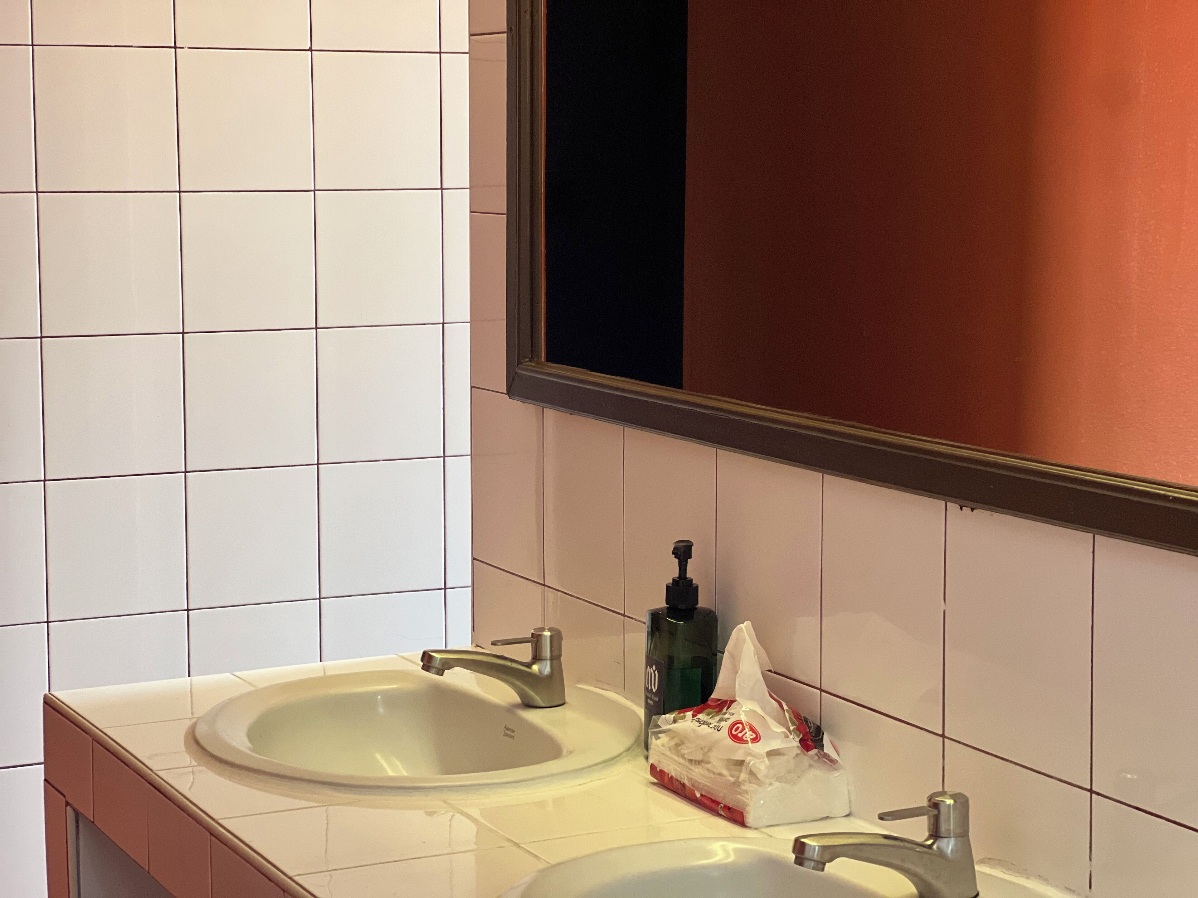 A bathroom with two sinks, a mirror, and a bottle of hand soap.