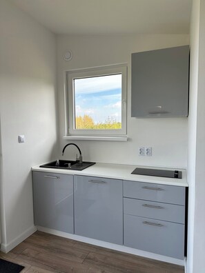A modern kitchen with a window, built-in cabinets, a sink, and a countertop. - Cozy tiny house in nature - Holiday home D (Sejerø)