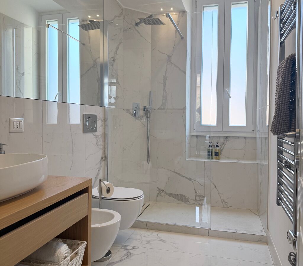 Shower, hair dryer, bidet, towels