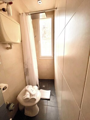 Een douche, een haardroger, handdoeken, zeep