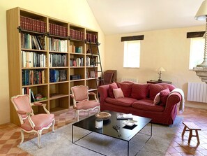 Smart TV, fireplace, books, computer monitors