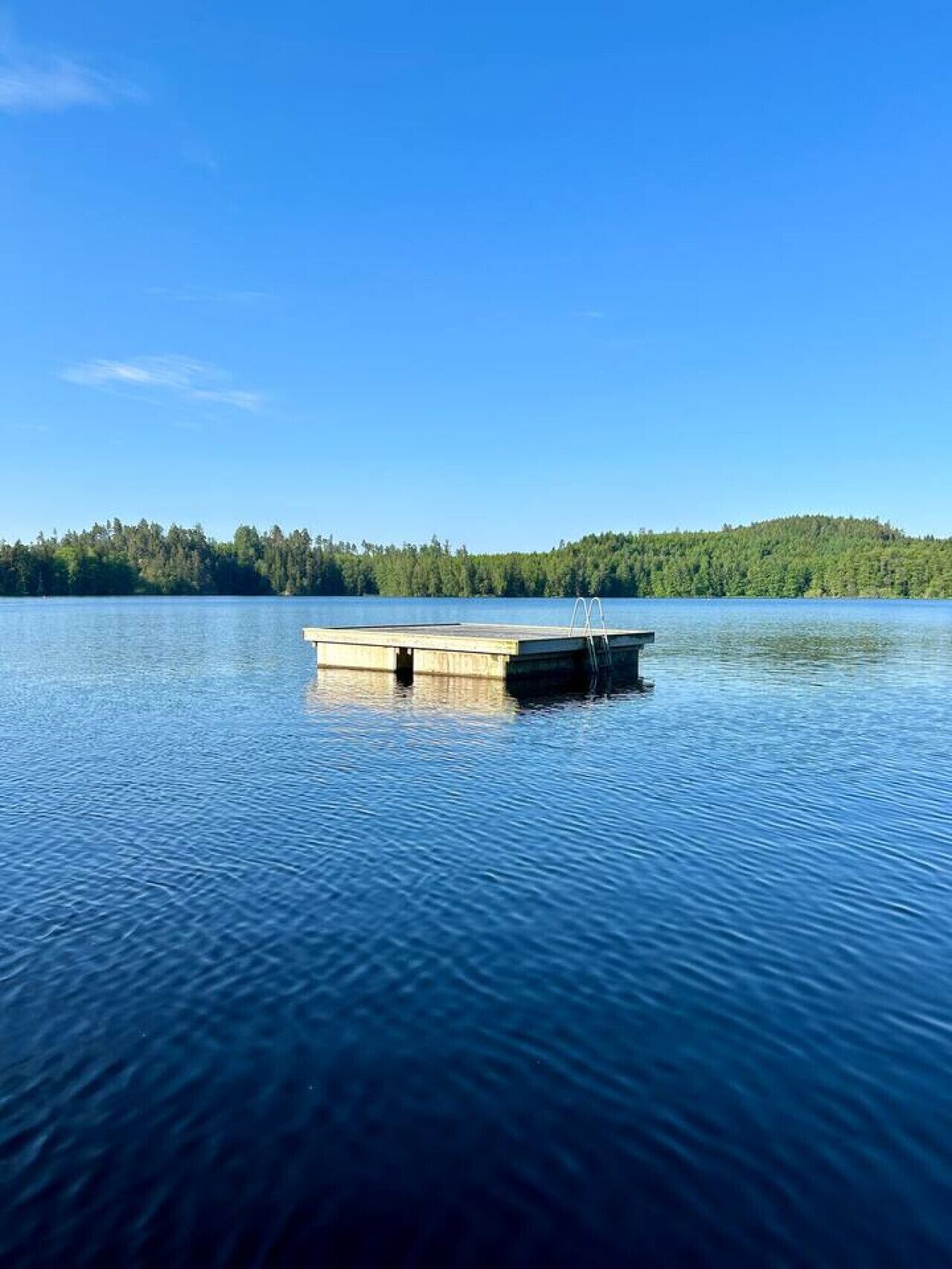 Un llac tranquil amb un moll que s'endinsa a l'aigua, envoltat per una riba boscosa.