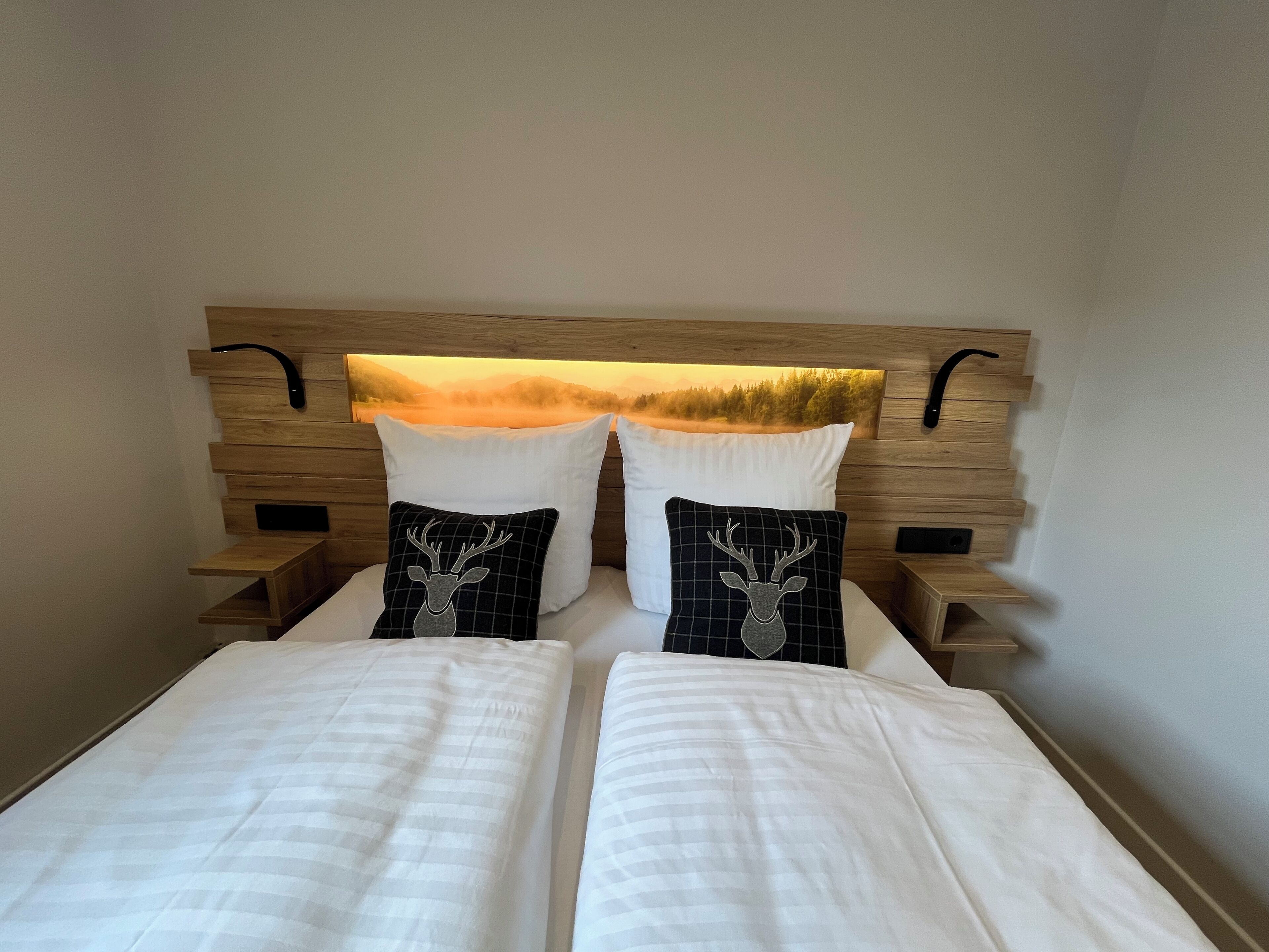Ein Doppelbett mit zwei Kissen, ein Kopfteil mit Landschaftsbild und Nachttische aus Holz.