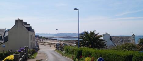 Eine Küstenstraße mit Gebäuden an einer Seite und einem Strand an der anderen.