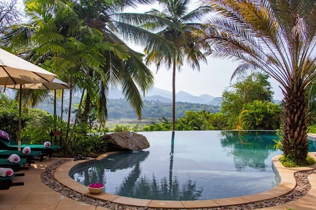 Outdoor pool, pool umbrellas, sun loungers