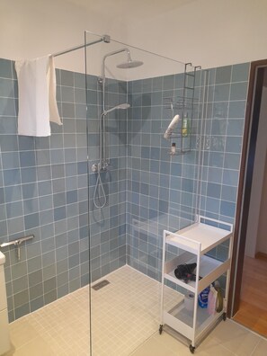 Dusche, Haartrockner, Handtücher, Seife