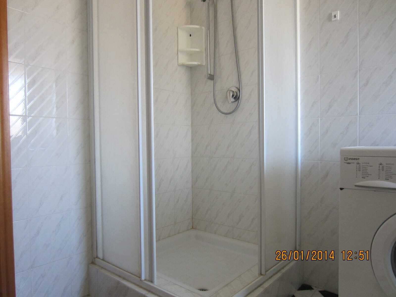 A bathroom with a shower, a toilet, and a washing machine.
