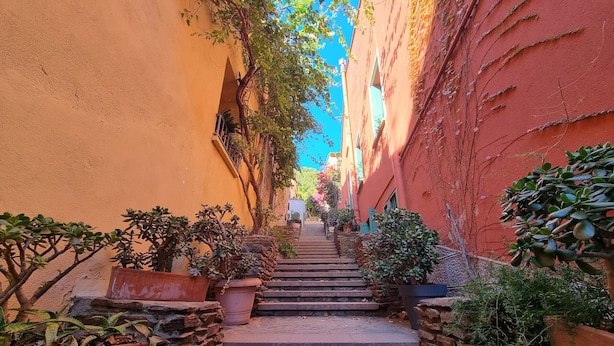 A narrow alleyway with steps leading to a building, surrounded by potted plants and trees. - Renovated T3 House in Collioure, 2 Bedrooms, Balcony (Collioure)