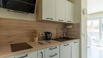 Frigorífico, microondas, horno y placa de cocina