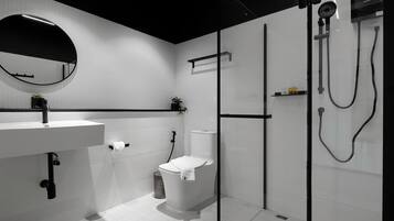 Shower, hair dryer, slippers, towels