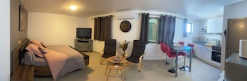 VUE PANORAMIQUE du coin cuisine, du lit et de la télévision