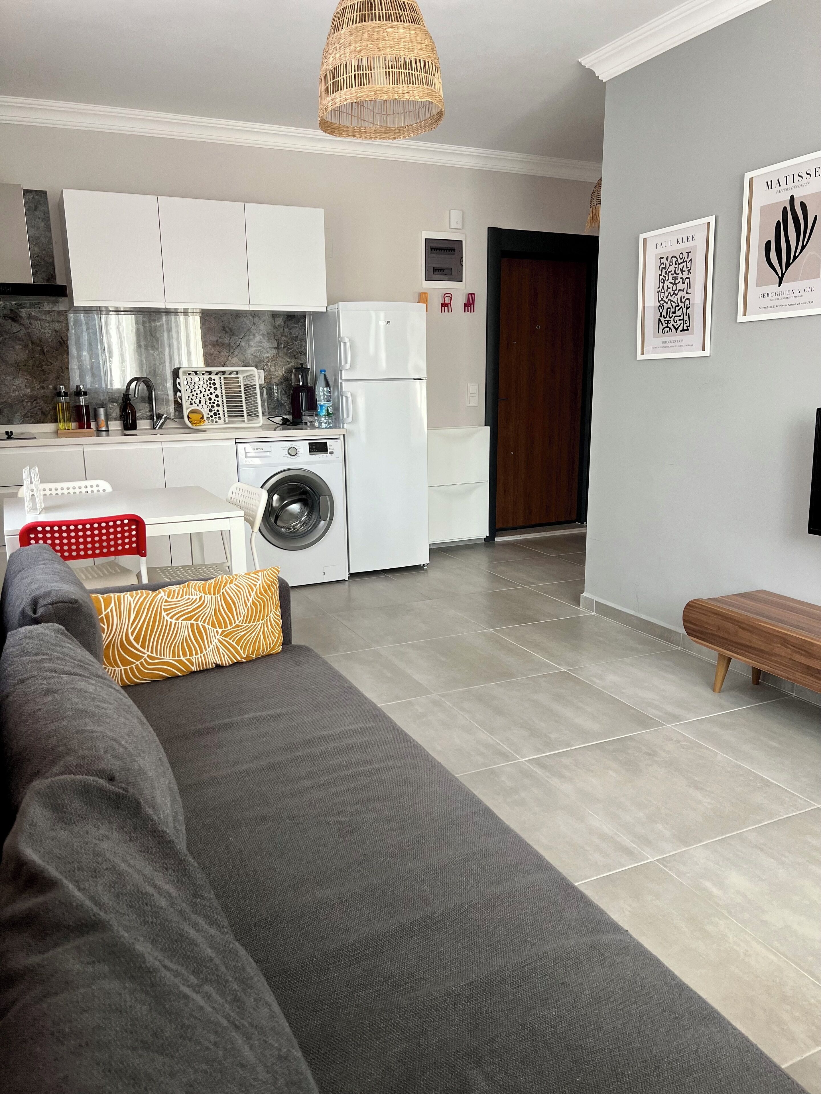 A modern apartment with a living area, kitchen, and laundry room.