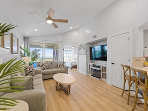 Smart TV, chimenea y libros