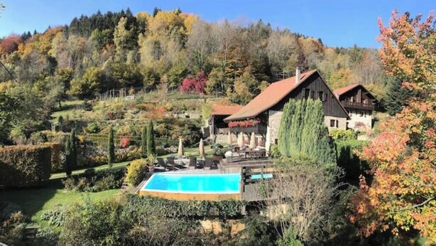 A residential property with a swimming pool, surrounded by a garden and a forested hillside. - L'art de Vivre Avec la Nature (Fillinges)