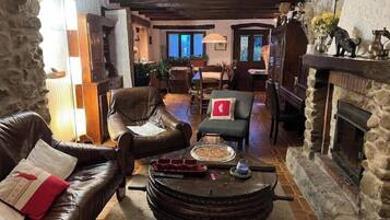 Télévision, cheminée, lecteur de DVD, livres