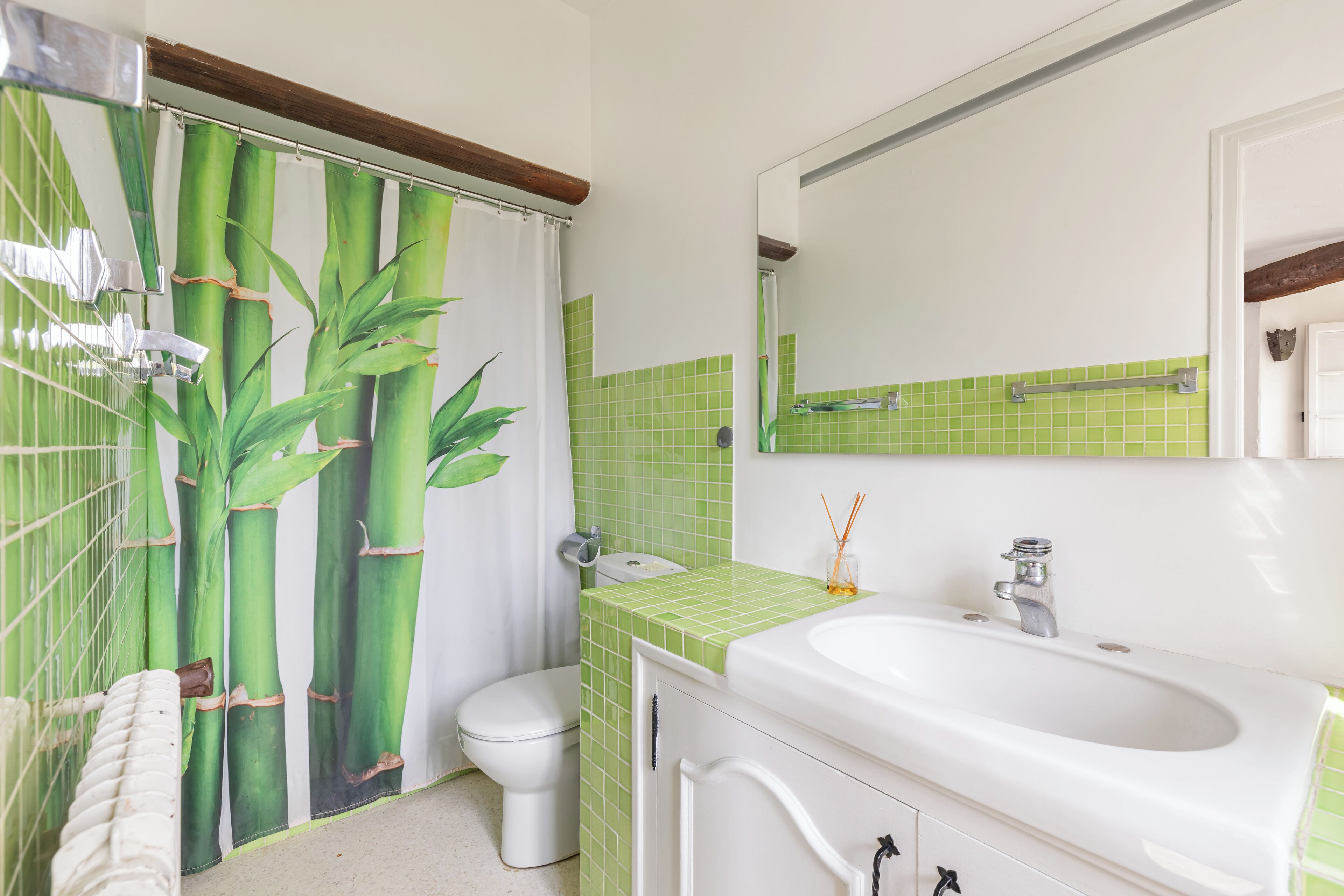 A bathroom with a toilet, a sink, and a mirror.