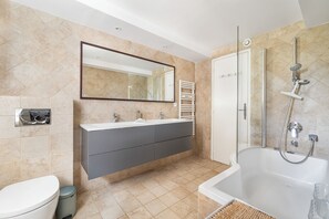 Hair dryer, towels, toilet paper