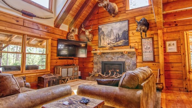 A log cabin interior with a stone fireplace, leather couches, mounted animal heads, and a television. - 3C Ranch on the Road to Yosemite (Groveland)