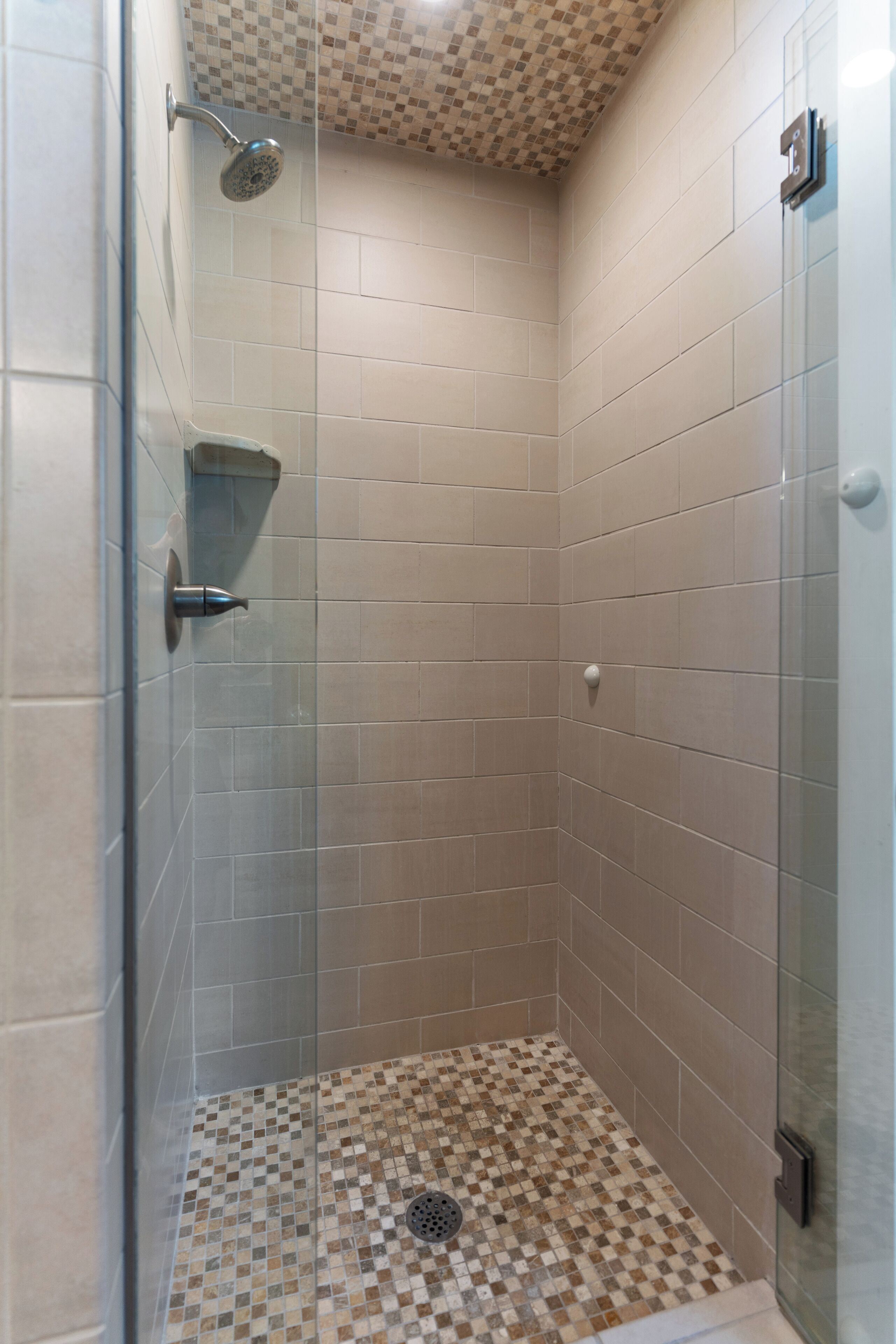 A shower with a checkered floor, a showerhead, and a glass door.
