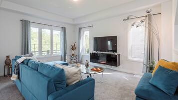 Smart TV, fireplace, books, offices