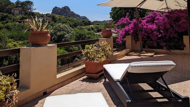 Eine Terrasse mit Tisch und Stühlen, Blumentöpfen und Blick auf die Landschaft.