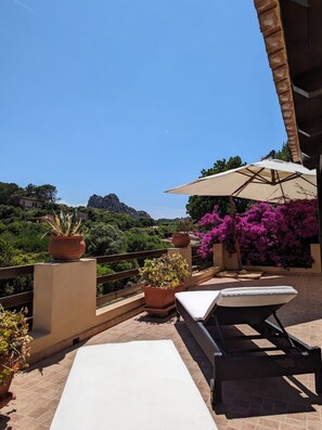Une terrasse avec une table et des chaises, des plantes en pot et une vue sur le paysage.
