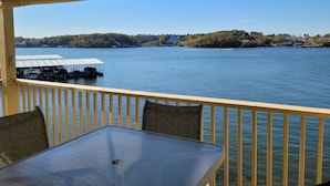 Un espacio de estar al aire libre cubierto con una mesa y sillas, con vista a un lago tranquilo con un muelle y edificios a lo lejos.