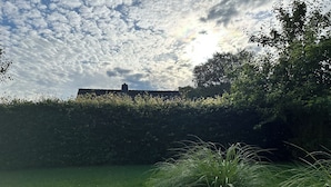 A grassy area with a hedge and a building in the background. - Cozy vacation apartment, fully equipped 80 sqm with garden and underfloor heating (Attendorn)