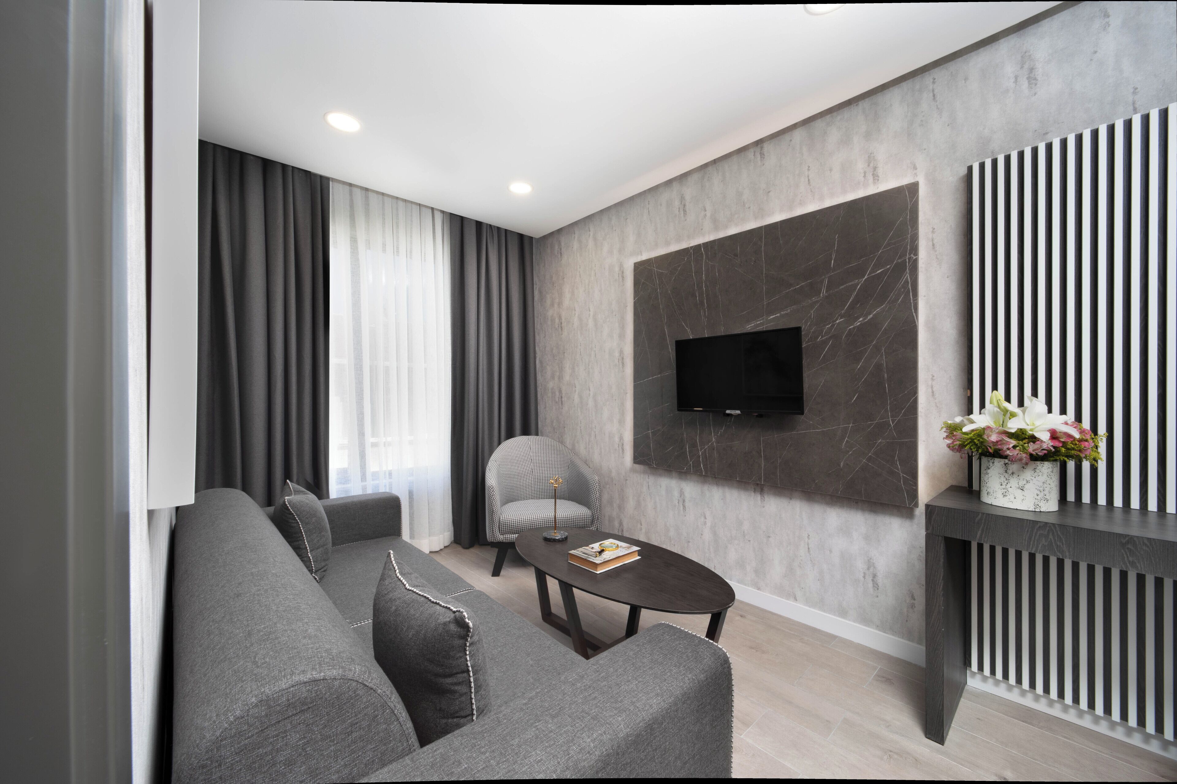 A modern living room with a grey sofa, a coffee table, a grey armchair, a flat-screen TV mounted on a marble wall, and a console table with a potted plant.