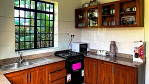 Een keuken met houten kastjes, een fornuis, een spoelbak en een raam met uitzicht op groen.