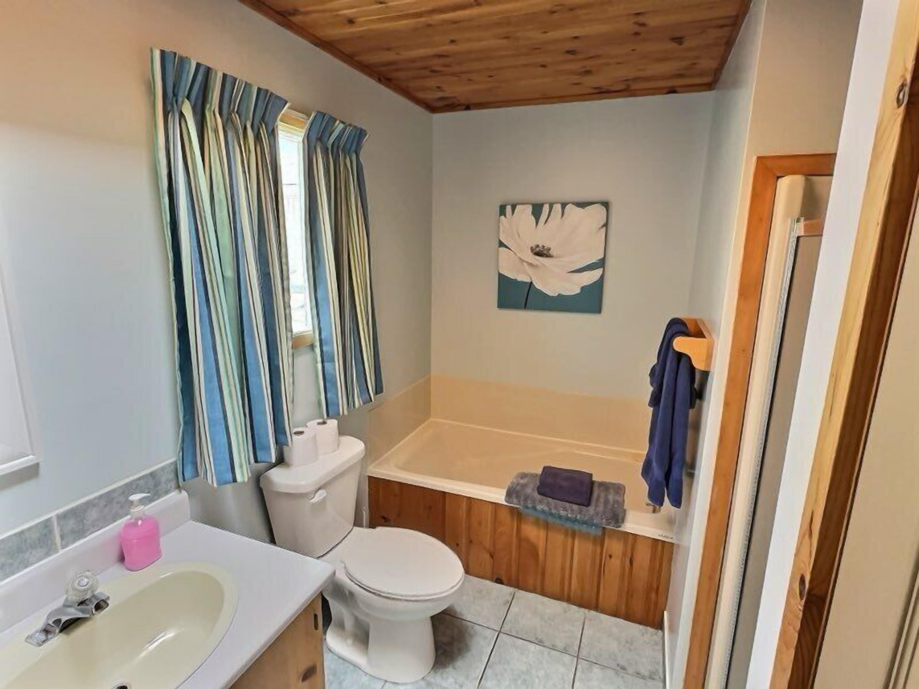 A bathroom with a toilet, sink, bathtub, and shower area.