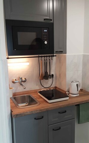 Fridge, microwave, stovetop, cookware/dishes/utensils