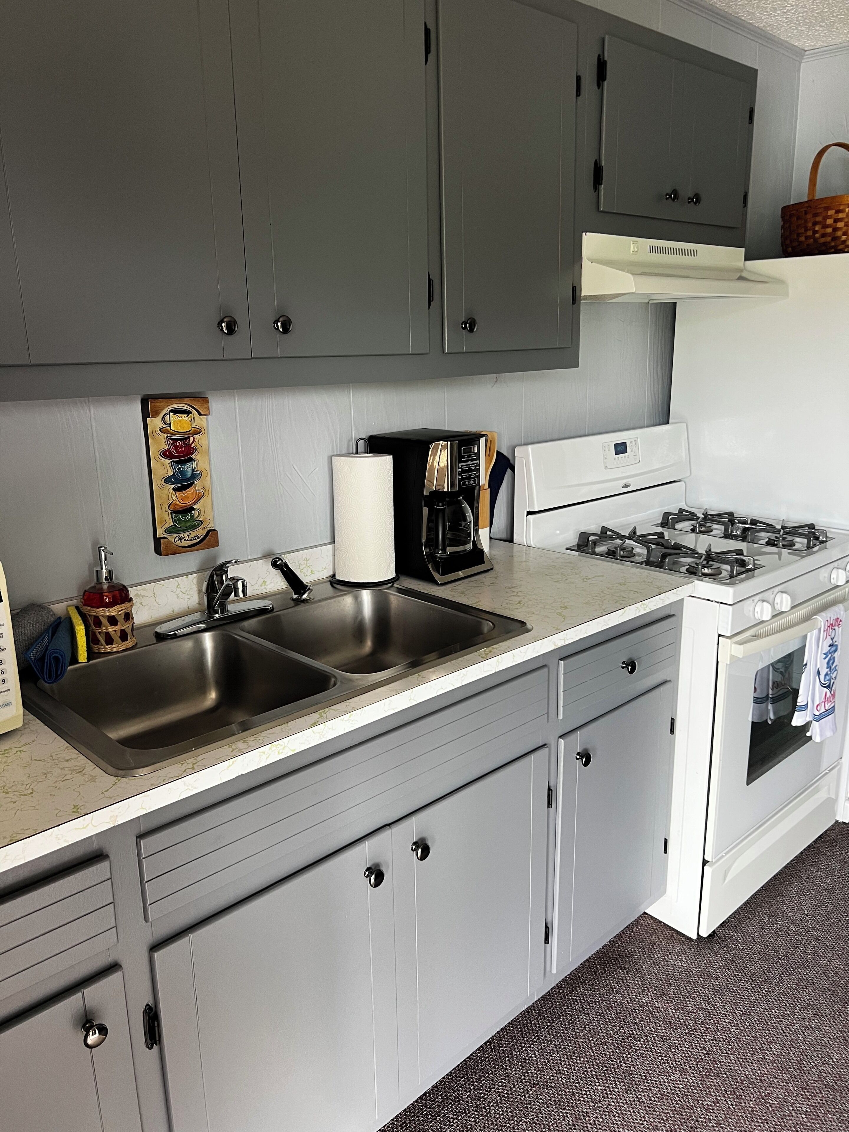 A kitchen with two sinks, a stove, and grey cabinets.