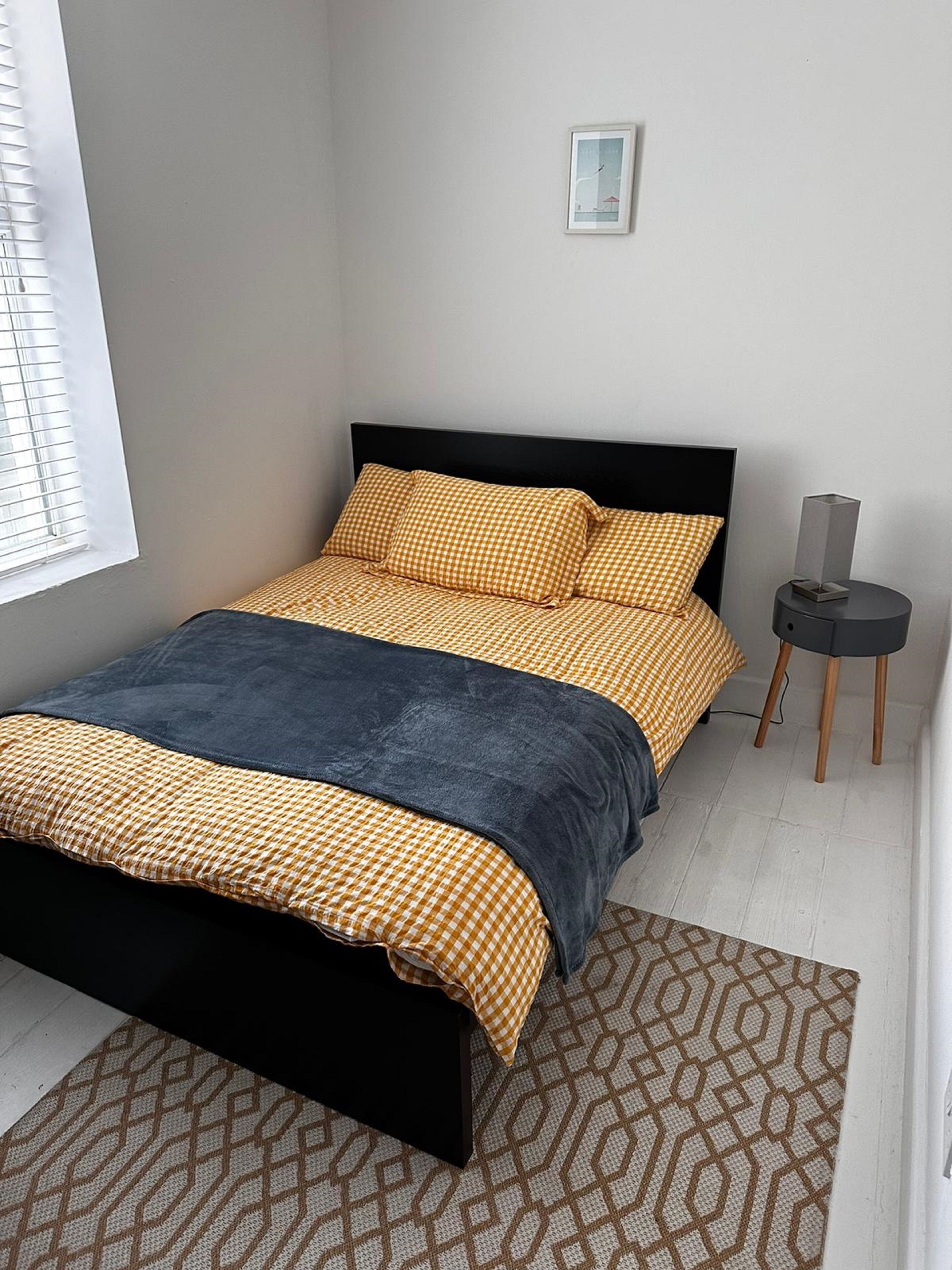 A neatly made bed with a checkered bedspread and pillows, a black headboard, a bedside table with a lamp, and a patterned rug on a light-colored floor.