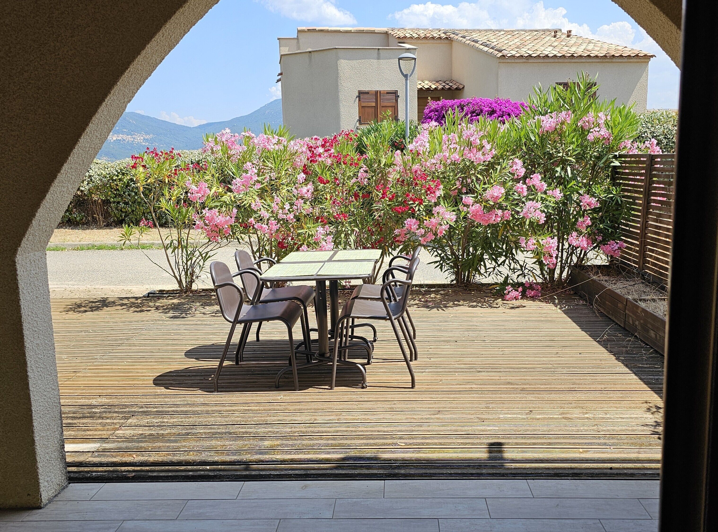 An outdoor patio with a table and chairs, surrounded by flowering plants and a view of a mountain.