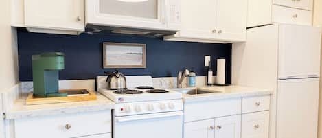 Deluxe Condo | Private kitchen | Fridge, microwave, oven, stovetop