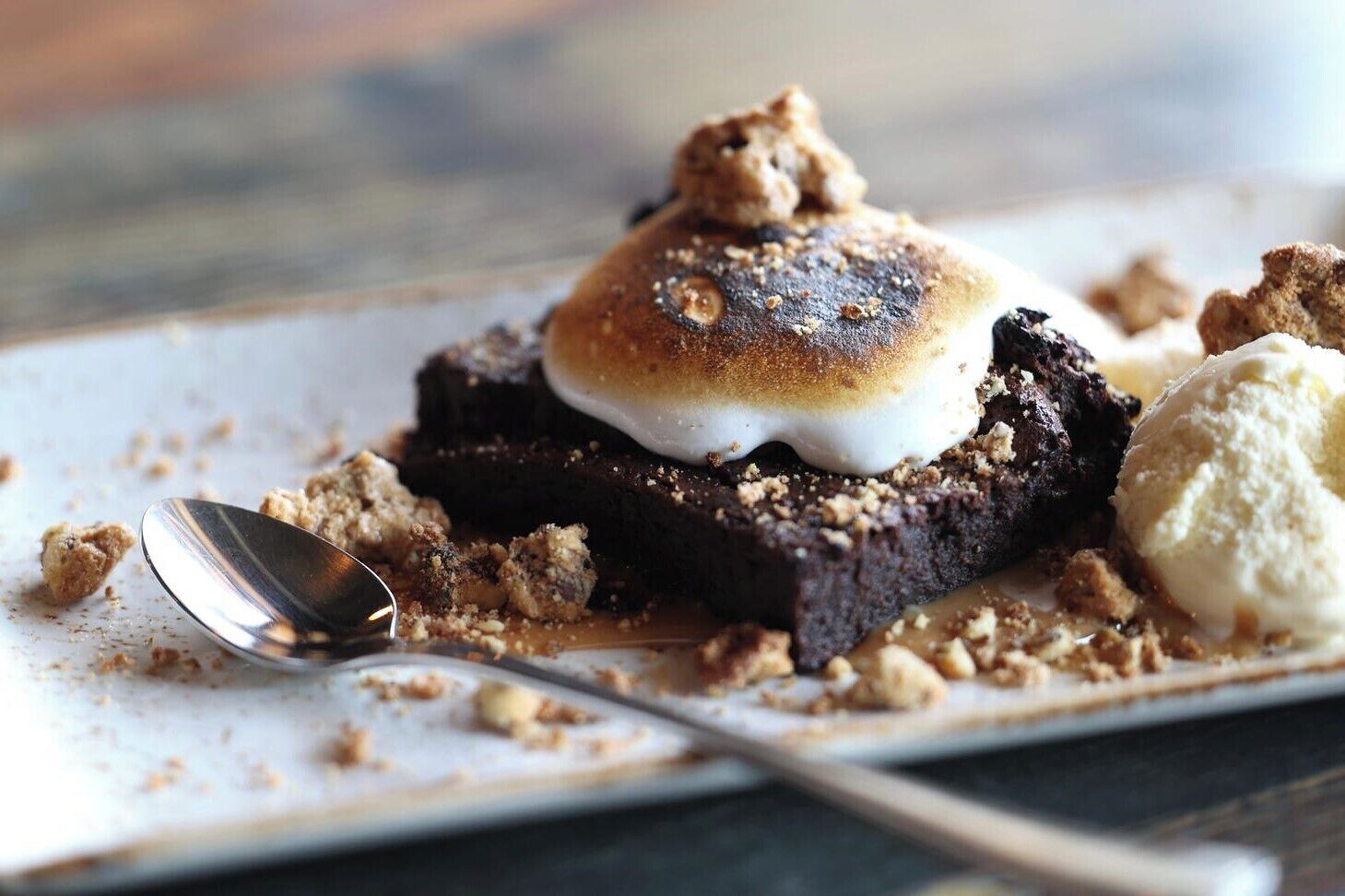 A dessert with a marshmallow on top, a scoop of ice cream, and crumbs on a plate.