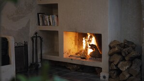 A fireplace with bookshelves above it, a stone wall to the right, and a metal gate to the left.