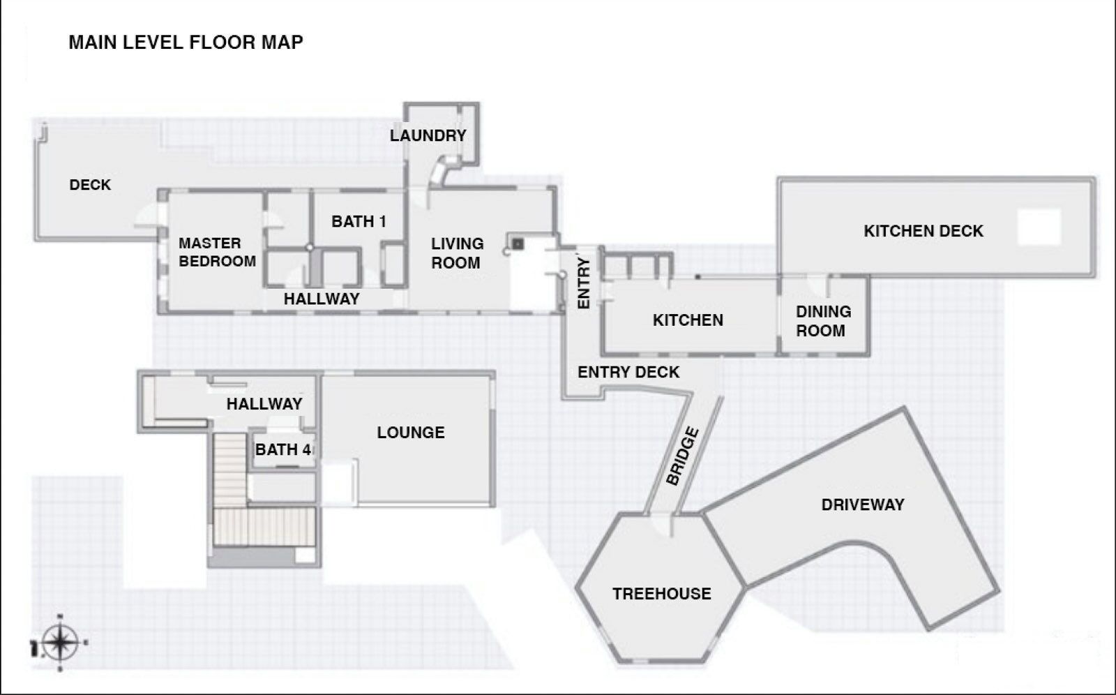 A main level floor map of a hotel with a deck, master bedroom, two bathrooms, a living room, lounge, laundry, kitchen, dining room, entry deck, bridge, driveway, and treehouse.