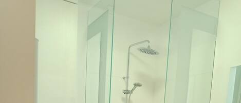 A modern bathroom with a glass-enclosed shower, a toilet, and a sink.