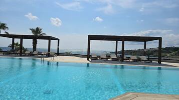 Seasonal outdoor pool, pool umbrellas, pool loungers