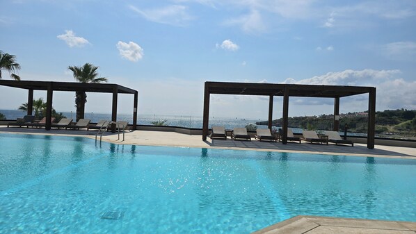 Seasonal outdoor pool, pool umbrellas, sun loungers