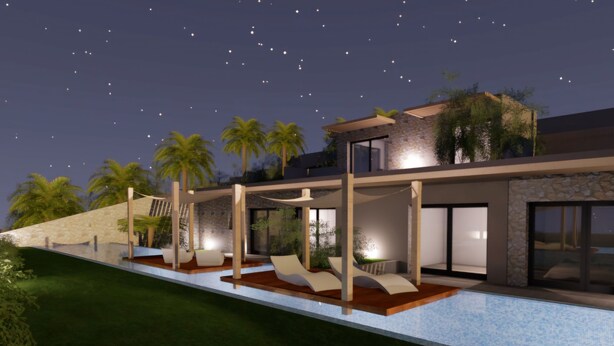 A modern house with a swimming pool, outdoor seating, and a stone facade. - Elegance Resort Rhodos (Adults Only)  (Rhodes)