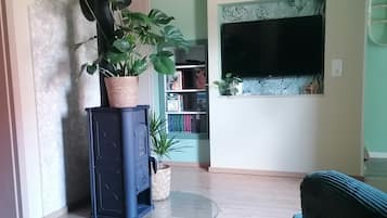Smart-TV, Kamin, DVD-Player, Bücher