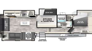 A hotel room layout with a king bed, a bunk bed, a bathroom, a kitchenette, a fireplace, and a power awning.